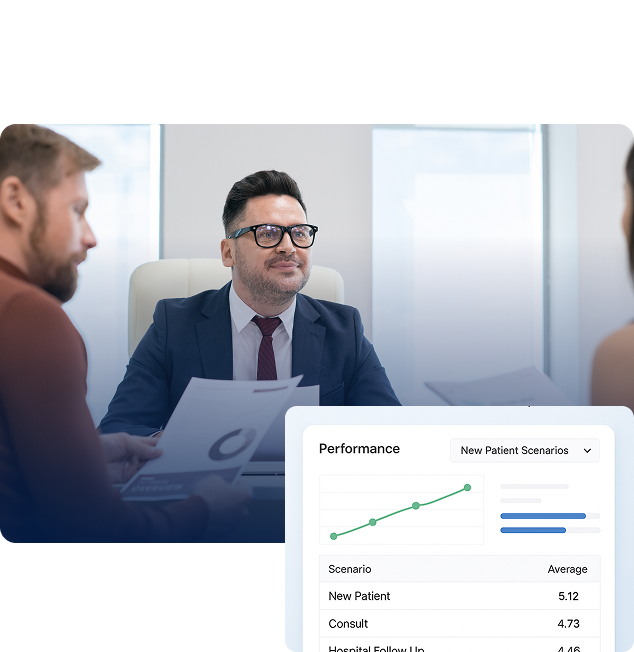 Business professional in a suit meeting with colleagues at a table, with a performance dashboard overlay showing a rising line chart and patient scenario metrics.