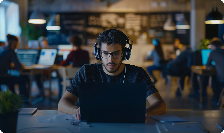 Young man wearing headphones working on a laptop in a busy café, with other people blurred in the background.
